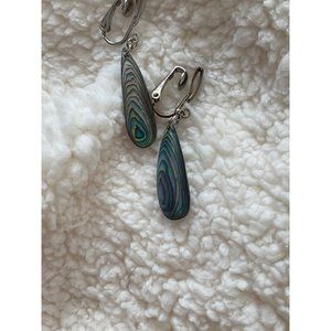 Antique/ Vintage Abalone Blue/Green Shell Teardrop Clip-On Earrings